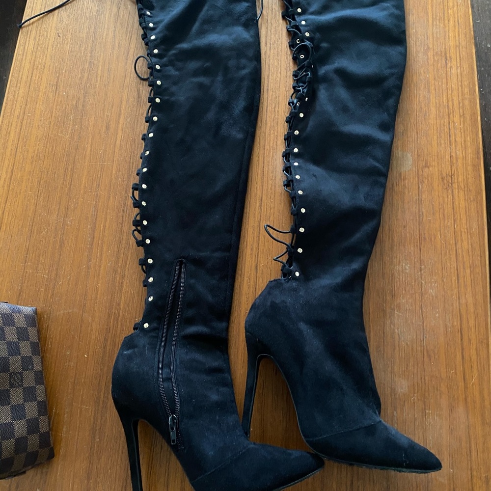 Faux suede back studded lace up pointy toe boots - Picture 2 of 6